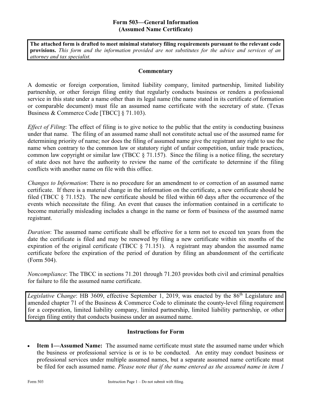 Form 503—General Information (Assumed Name Certificate)