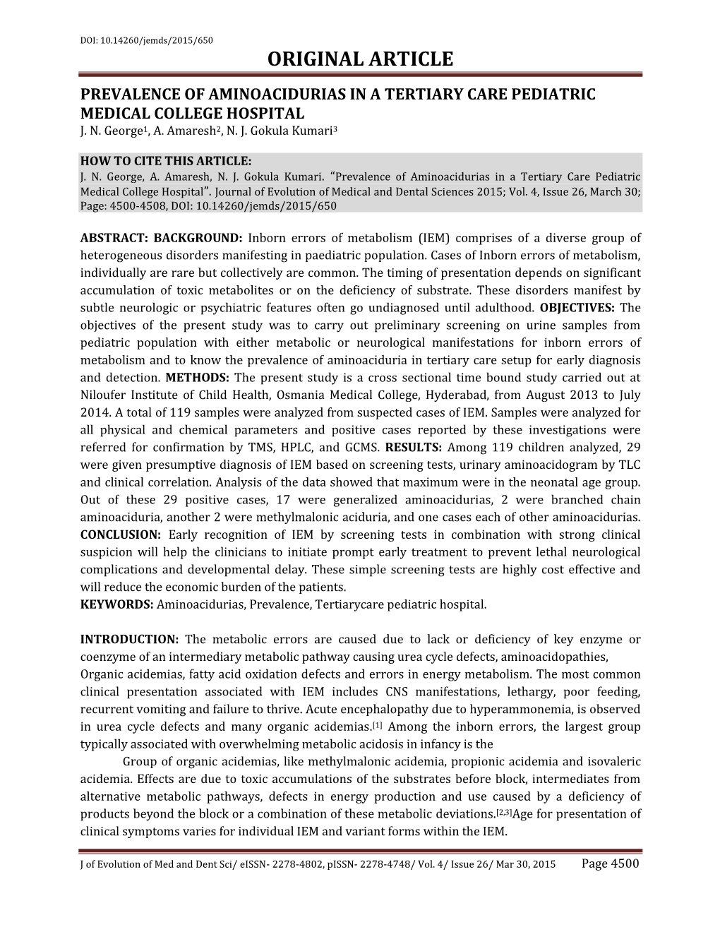 Original Article Prevalence of Aminoacidurias in a Tertiary Care Pediatric Medical College Hospital J
