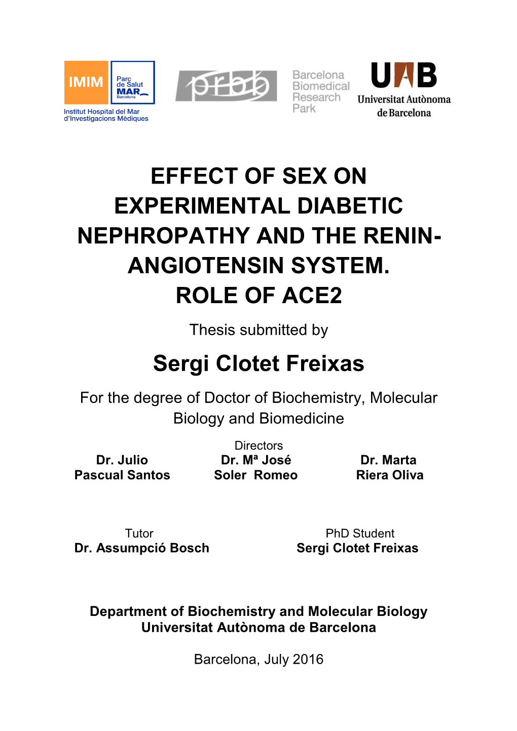 Effect Of Sex On Experimental Diabetic Nephropathy And The Renin