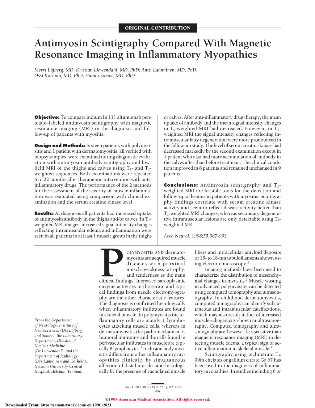 Antimyosin Scintigraphy Compared with Magnetic Resonance Imaging in Inflammatory Myopathies