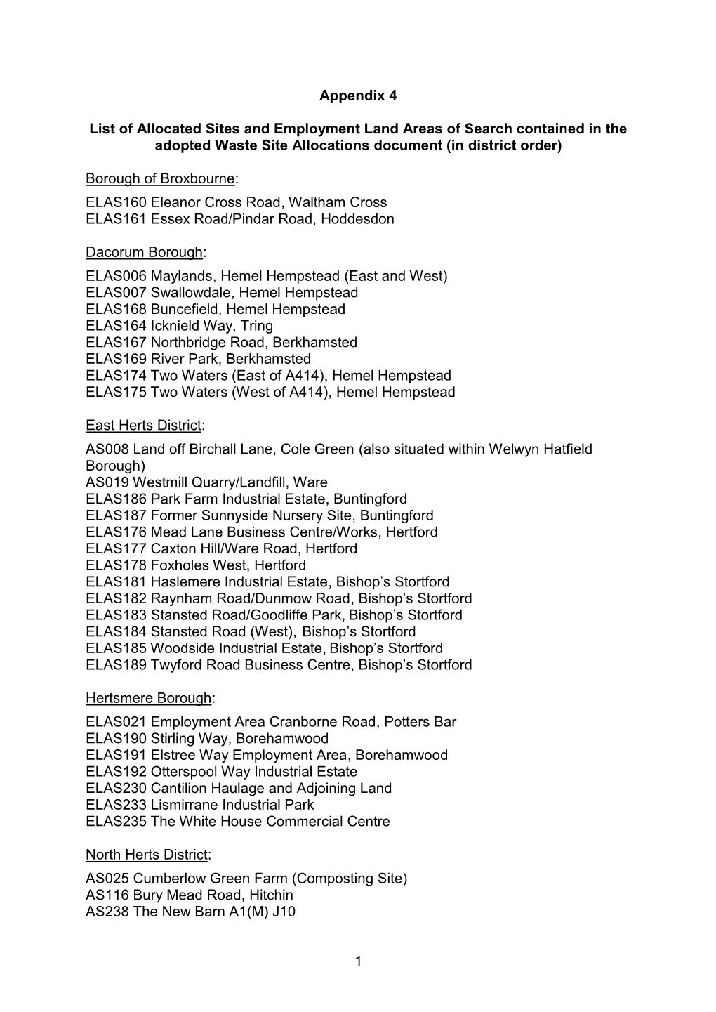 1 Appendix 4 List of Allocated Sites and Employment Land Areas Of