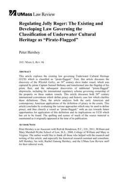 Regulating Jolly Roger: the Existing and Developing Law Governing the Classification of Underwater Cultural Heritage As “Pirate-Flagged”
