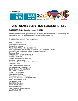 2020 Polaris Music Prize Long List Is Here / Voici La Longue Liste Du Prix