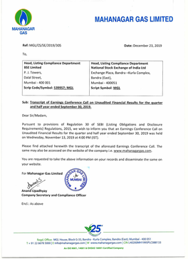 Mahanagar Gas Limited Q2 FY20 Earnings Call Transcriptdownload
