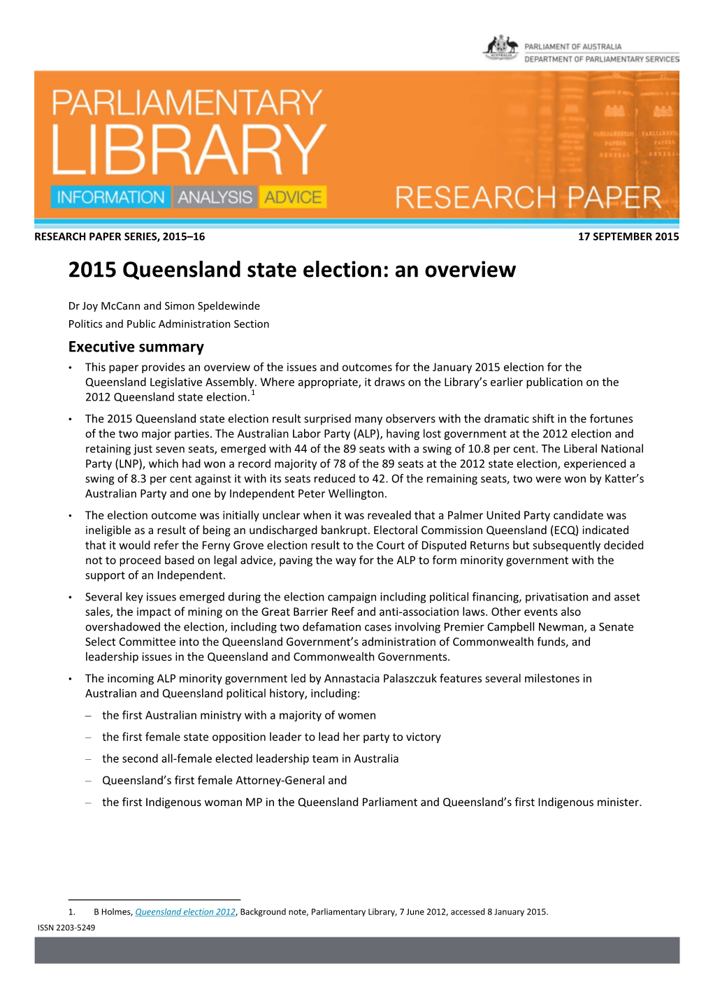 2015 Queensland State Election: an Overview