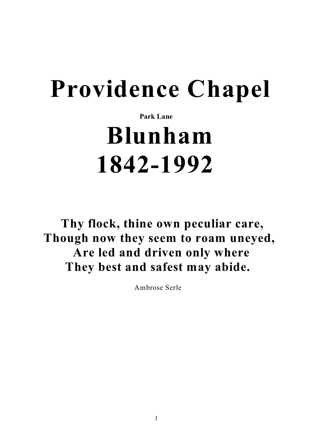 Providence Chapel Blunham 1842-1992