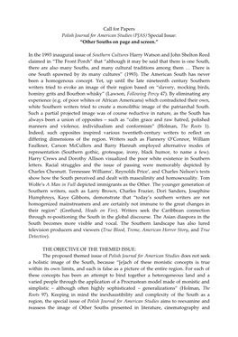 (PJAS) Special Issue: “Other Souths on Page and Screen.”