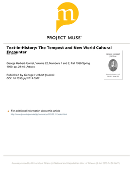 Text-In-History: the Tempest and New World Cultural Encounter