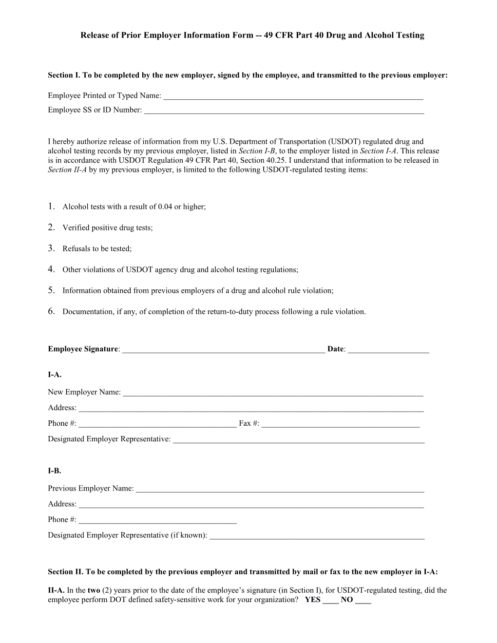 Release of Prior Empl Oyer Information Form 49 CFR Part 40 Drug and Alcohol Testing