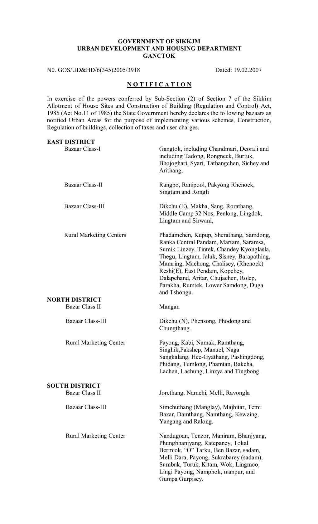 Notified Urban Areas for the Purpose of Implementing Various Schemes, Construction, Regulation of Buildings, Collection of Taxes and User Charges