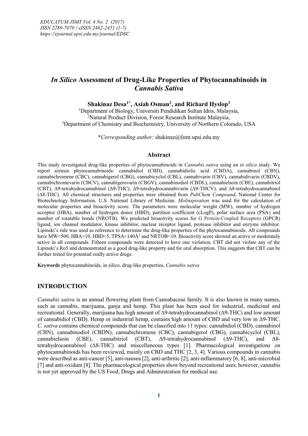 In Silico Assessment of Drug-Like Properties of Phytocannabinoids in Cannabis Sativa