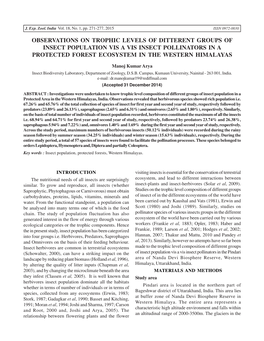 Observations on Trophic Levels of Ditterent Groups of Insect Population Vis a Vis Insect Pollinators in a Protected Forest Ecosystem in the Western Himalayas