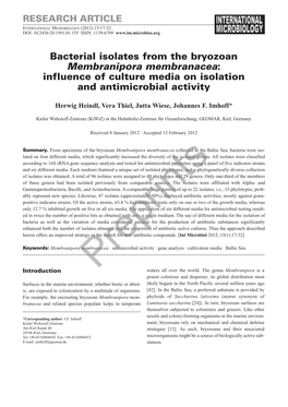 Bacterial Isolates from the Bryozoan Membranipora Membranacea: Influence of Culture Media on Isolation and Antimicrobial Activity