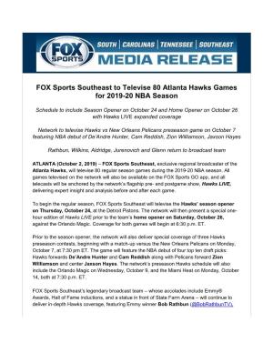 FOX Sports Southeast to Televise 80 Atlanta Hawks Games for 2019-20 NBA Season