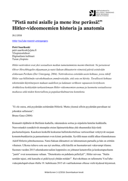 Pistä Natsi Asialle Ja Mene Itse Perässä!” Hitler-Videomeemien Historia Ja Anatomia