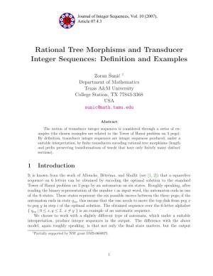 Rational Tree Morphisms and Transducer Integer Sequences: Definition and Examples