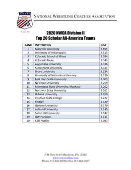 2020 NWCA Division II Top 20 Scholar All-America Teams