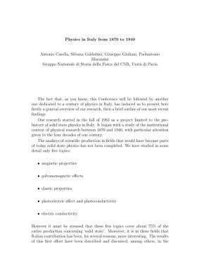 Physics in Italy from 1870 to 1940 Antonio Casella, Silvana Galdabini