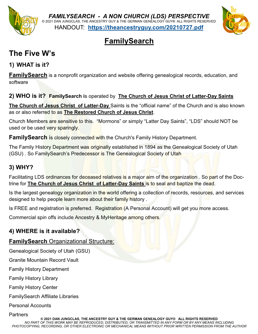 Familysearch the Five W’S 1) WHAT Is It? Familysearch Is a Nonprofit Organization and Website Offering Genealogical Records, Education, and Software