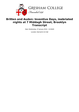 Britten and Auden: Inventive Days, Inebriated Nights at 7 Middagh Street, Brooklyn Transcript