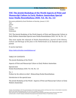 TOC the Jewish Bookshop of the World Aspects of Print and Manuscript Culture in Early Modern Amsterdam Special Issue Studia Rosenthaliana 2020, Vol