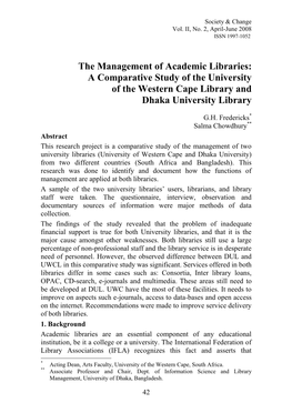 Management of Academic Libraries: a Comparative Study of the University of the Western Cape Library and Dhaka University Library