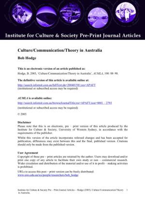 Culture/Communication/Theory in Australia Bob Hodge