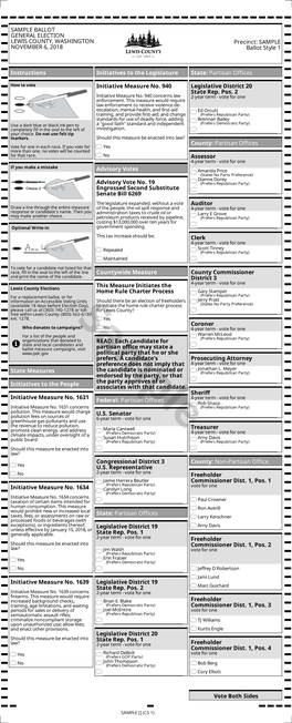 SAMPLE BALLOT GENERAL ELECTION LEWIS COUNTY, WASHINGTON Precinct: SAMPLE NOVEMBER 6, 2018 Ballot Style 1