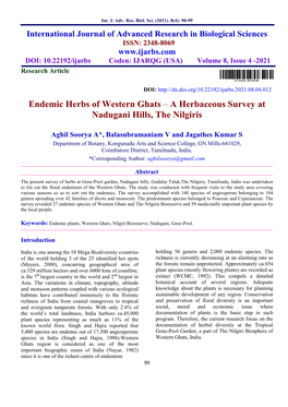 Endemic Herbs of Western Ghats – a Herbaceous Survey at Nadugani Hills, the Nilgiris