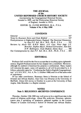 THE JOURNAL of the UNITED REFORMED CHURCH HISTORY