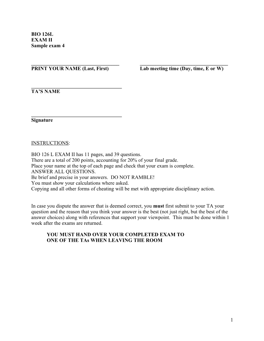 PRINT YOUR NAME (Last, First) Lab Meeting Time (Day, Time, E Or W)