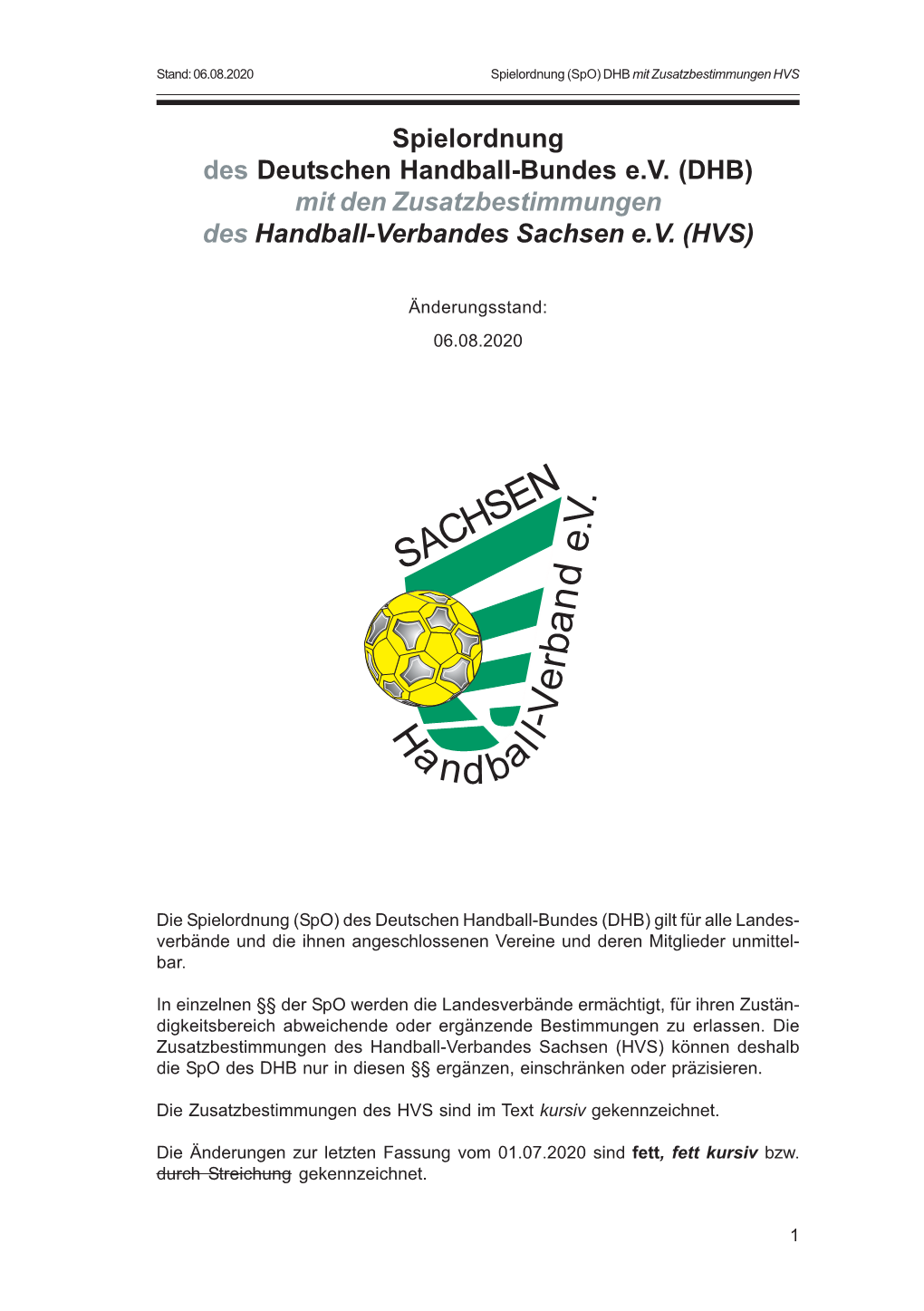 Spielordnung (Spo) DHB Mit Zusatzbestimmungen HVS