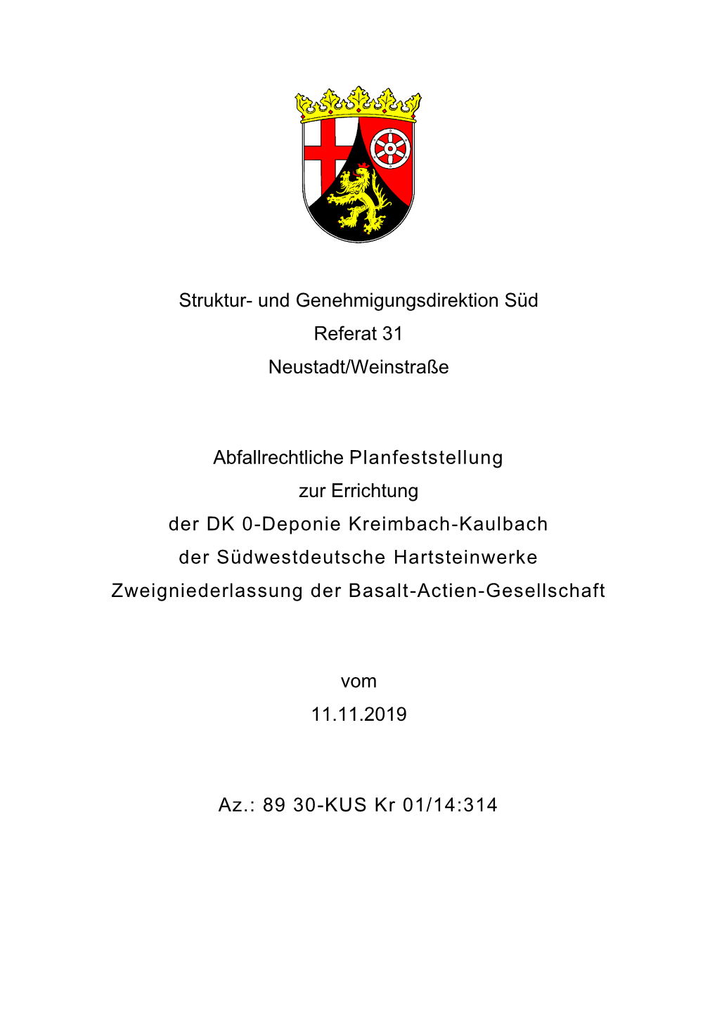 Struktur- Und Genehmigungsdirektion Süd Referat 31 Neustadt/Weinstraße