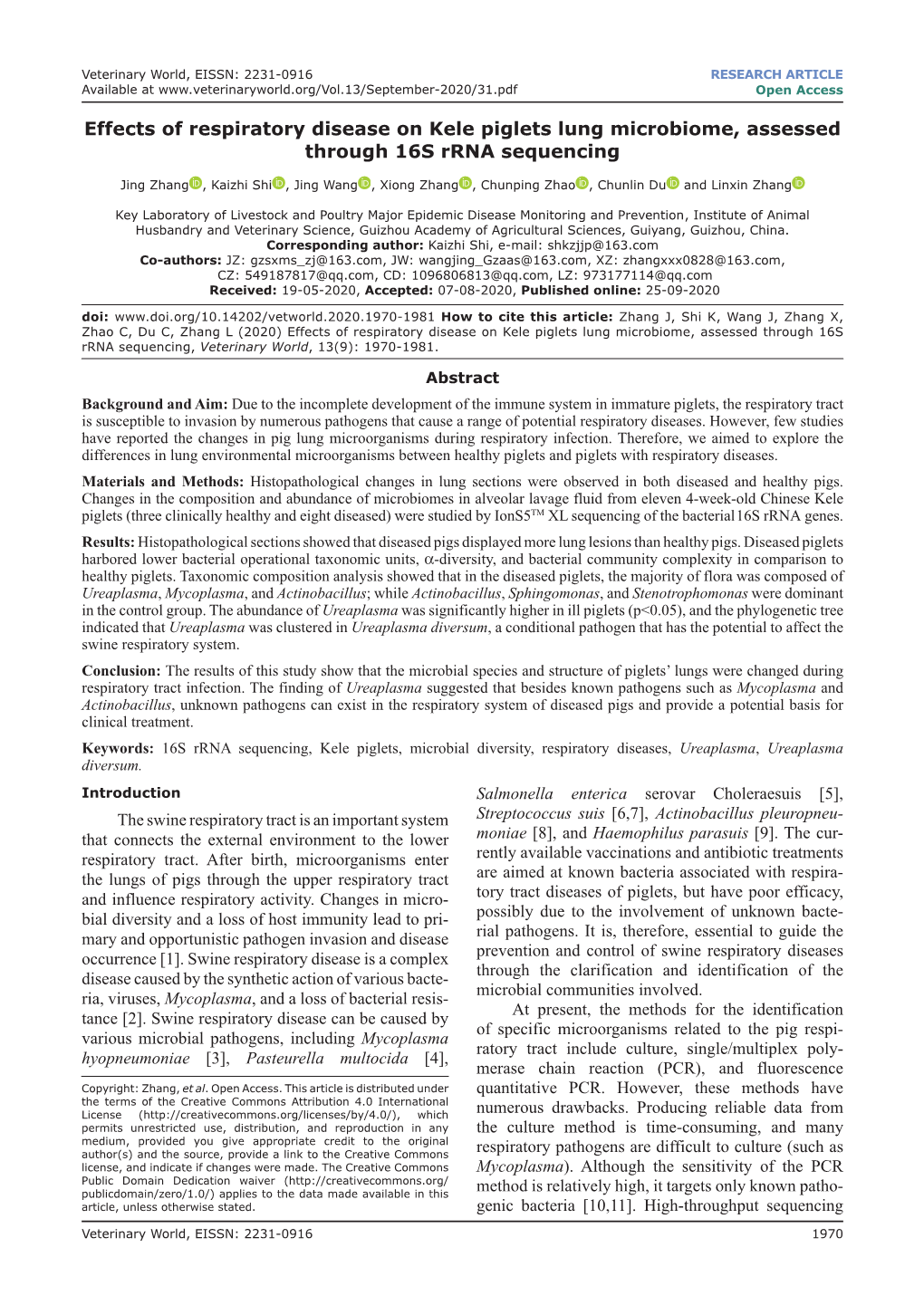 Effects of Respiratory Disease on Kele Piglets Lung Microbiome, Assessed Through 16S Rrna Sequencing