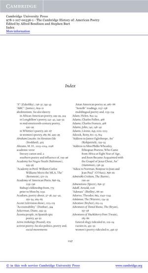 Zukofsky), 736–37 , 742–43 Asian American Poetry As, 987–88 “ABC” (Justice), 809–11 “Benefi T” Readings, 1137–138 Abolitionism