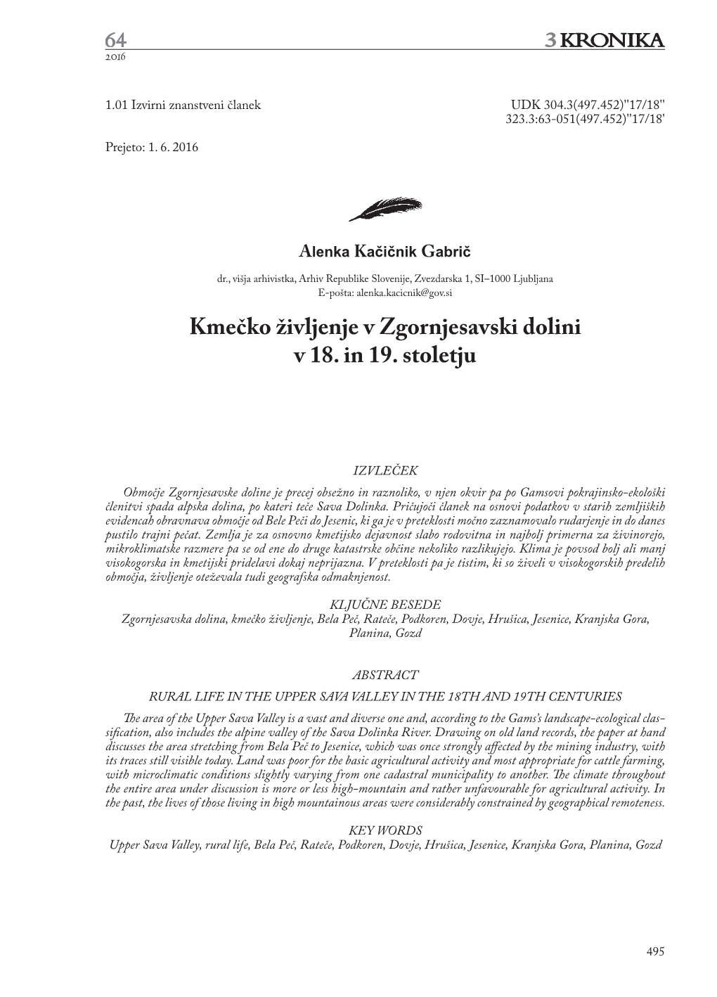 Kmečko Življenje V Zgornjesavski Dolini V 18. in 19. Stoletju, 495–512 2016