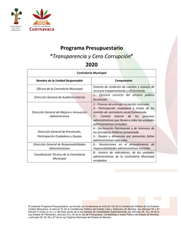 Programa Presupuestario “Transparencia Y Cero Corrupción” 2020