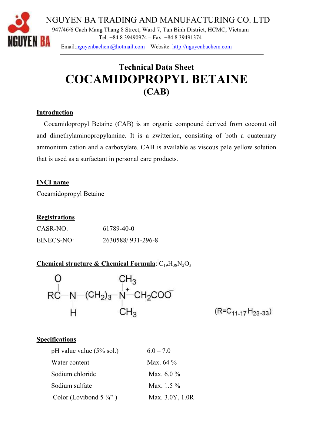 Cocamidopropyl Betaine (Cab)