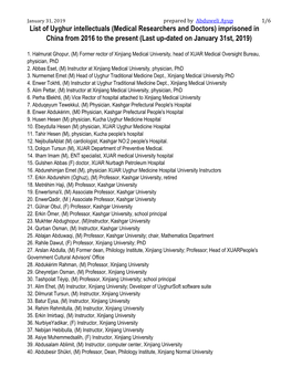 List of Uyghur Intellectuals (Medical Researchers and Doctors) Imprisoned in China from 2016 to the Present (Last Up-Dated on January 31St, 2019)