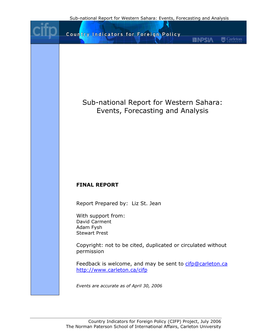 Sub-National Report for Western Sahara: Events, Forecasting and Analysis S