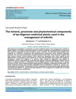 The Mineral, Proximate and Phytochemical Components of Ten Nigerian Medicinal Plants Used in the Management of Arthritis
