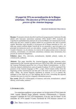 El Papel De TPA Na Normalización De La Llingua Asturiana / the Function of TPA in Normalization Process of the Asturian Language