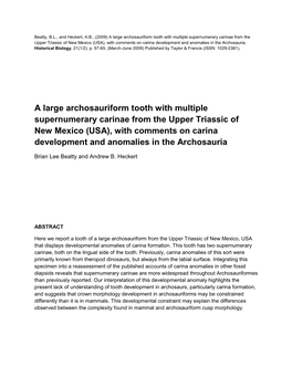 A Large Archosauriform Tooth with Multiple Supernumerary Carinae