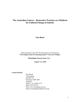 The Australian Context – Restorative Practices As a Platform for Cultural Change in Schools