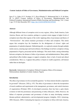 Content Analysis of Ethics of Governance, Maladministration and Political Corruption Igwe, P. A., Egbo, O. P., Nwakpu, S. E., Ho