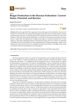 Biogas Production in the Russian Federation: Current Status, Potential, and Barriers