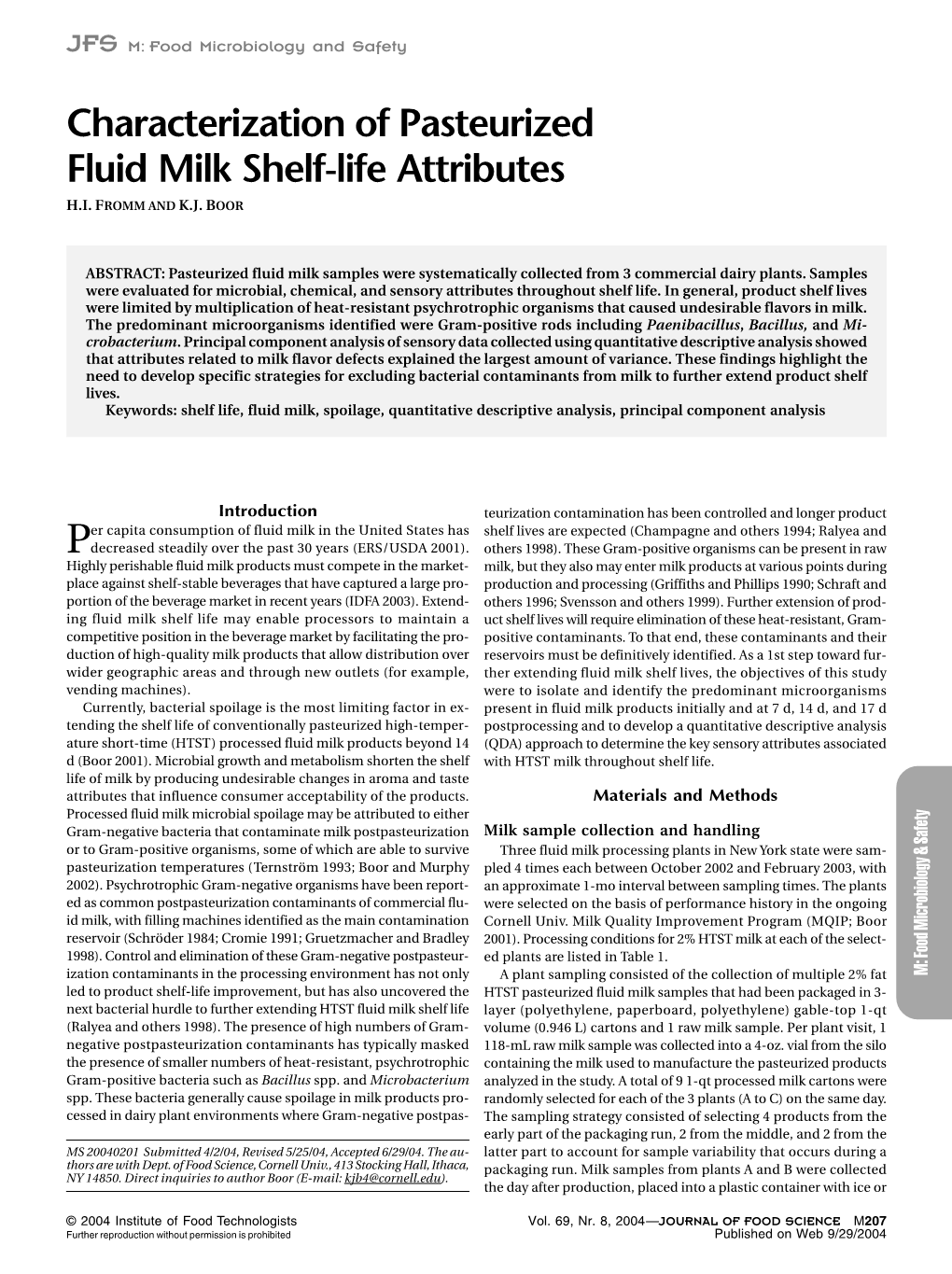 Characterization of Pasteurized Fluid Milk Shelf-Life Attributes H.I