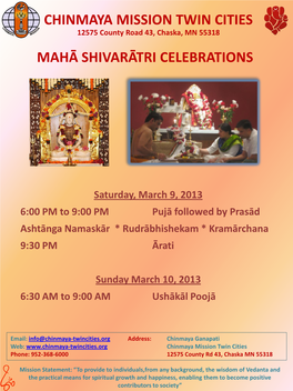 Mahā Shivarātri Celebrations Chinmaya Mission Twin Cities