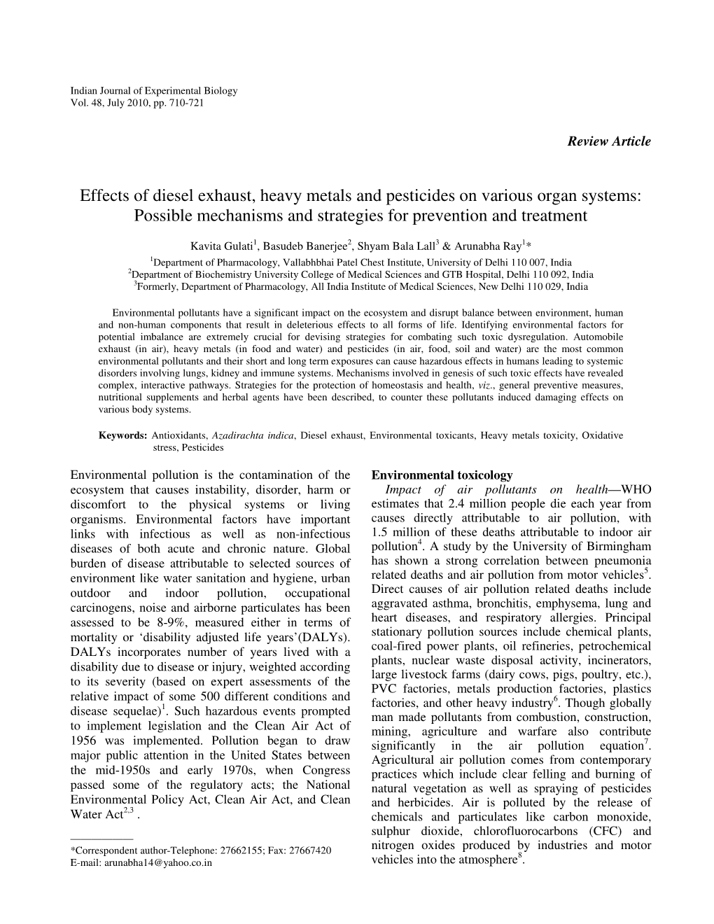 Effects of Diesel Exhaust, Heavy Metals and Pesticides on Various Organ Systems: Possible Mechanisms and Strategies for Prevention and Treatment