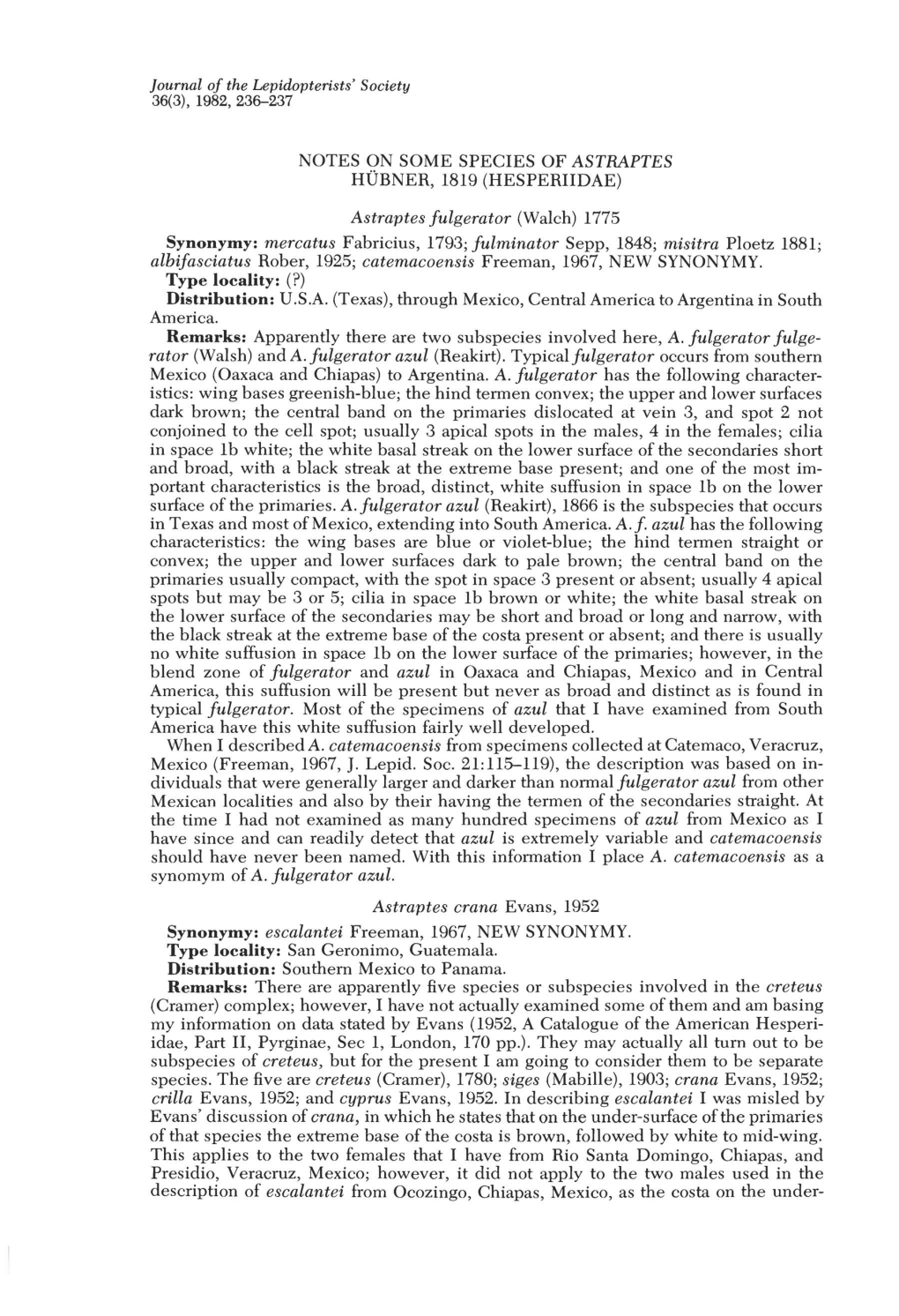 Notes on Some Species of Astraptes Hubner, 1819 (Hesperiidae)